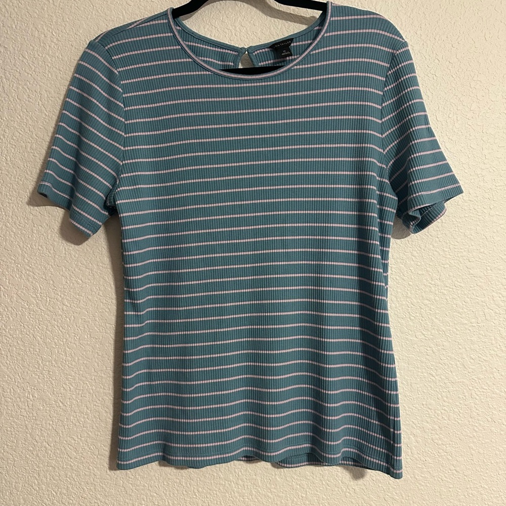 Ann Taylor Striped Ribbed Short Sleeve Shirt‎ Size XL Cozy Casual Cotton Blend